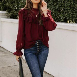 Eleanora Crochet Ruffle Blouse - WINE - Size Small XS